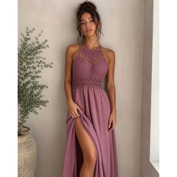 The Unbranded Brand Dresses & Skirts - Made in Italy Crochet Halter Maxi Dress M Pink Boho Festival Cotton Dress